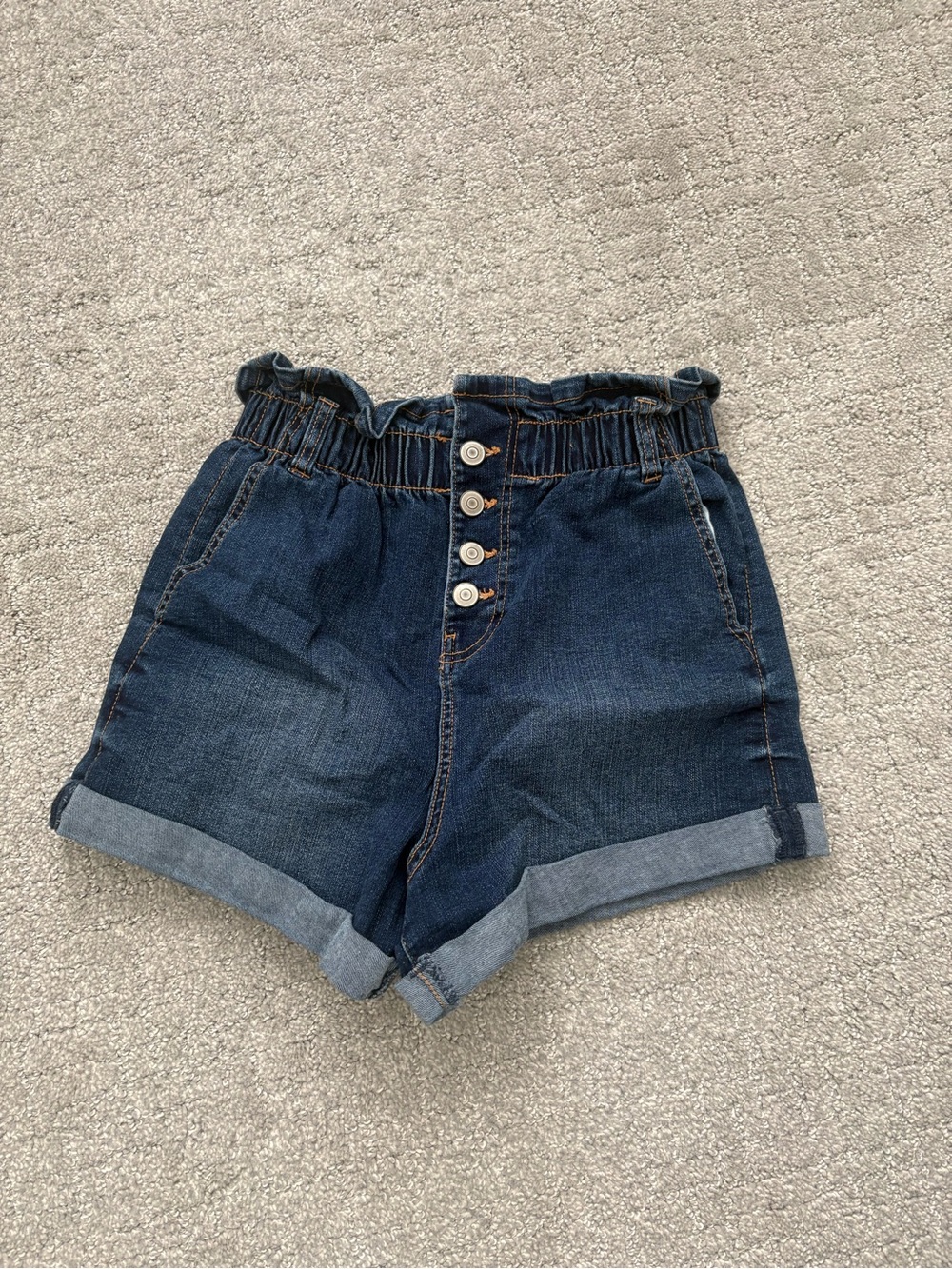 High-Waist Dark Blue Denim Paperbag Shorts